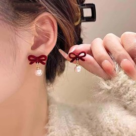 Cybche Vintage Velvet Bow Earrings Red Suede Bow Stud Earrings Bow Pearl Dangle Earrings White Pearl Drop Earrings Wedding Bowknot Pearl Earrings Jewellery for Women, Zinc, No Gemstone