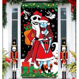 Vohado Merry Christmas Jack Sally Door Cover Nightmare Before Christmas Christmas Decorations Front Porch Banner for Home Decor