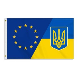 Large 90 x 150 cm Germany European Union Ukraine Flag, Large 150D German EU Ukrainian Friendship Banner, Durable Germany Flag Decor Brass Eyelets Large European Union Ukraine