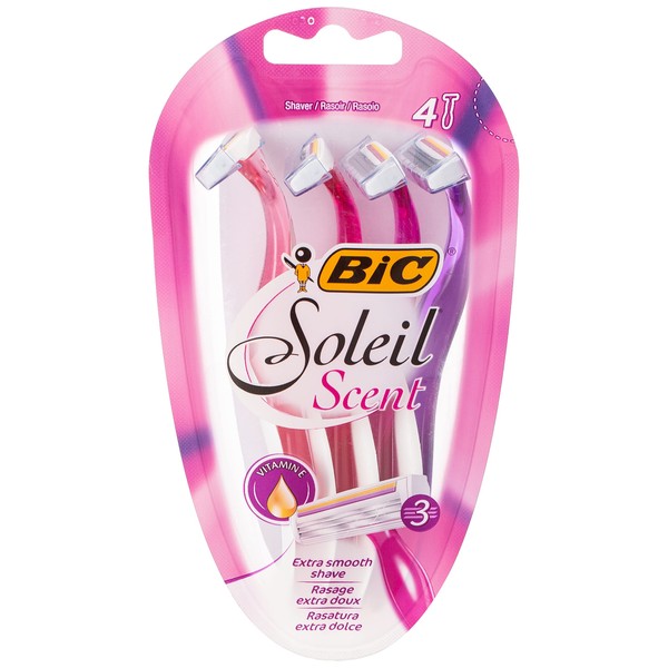 BIC Soleil Scent 3-Blade Lady Razor with Lubricating Strip for a Smooth shave and Easy Grip Handle, Pack of 4