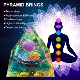 Orgone Pyramid for Positive Energy, Amethyst Crystal Sphere Pyramid, Protection Crystals Energy Generator for Stress Reduce Healing Meditation Attract Wealth Lucky (Crystal Pyramid-Green)