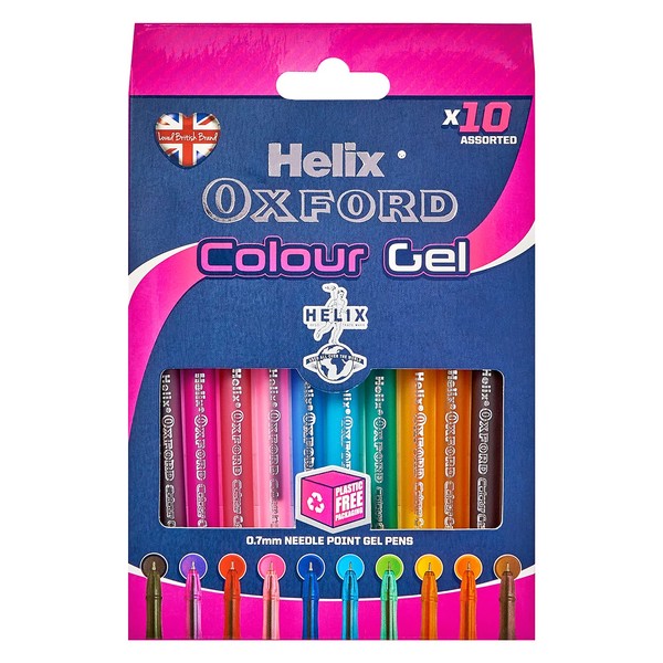 Helix Oxford Colour Gel Pens (x10 Pack Assorted Colours) with Plastic Free Packaging, 10 Count (Pack of 1)