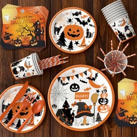 Juego de papel desechable, decoración de fiesta de Halloween, suministros de fiesta temática de calabaza, Halloween, incluye platos, mantel, pancarta,