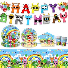 Cartoon Party Tableware Set, Incredibox Children's Birthday Party Paper Plates Set, Sprunki Children's Birthday Paper Plates Set for Parties, Christening Birthday Party (Pink)