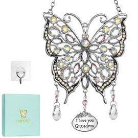 Butterfly Rhinestones Hanging Ornaments Charm Mom Mother's Day Butterfly Wind Chime Ornament Charm with Metal Heart Gifts for Mom Grandma Aunt Birthday (Silver, Grandma)