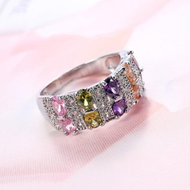 CUSIOALQQ 925 Sterling Silver Colorful Ring AAA Cubic Zirconia Jewel Multi Color Simulated Gemstone Emerald Cut Multi Color CZ Eternity Band Ring Rainbow Eternity Jewelry Rings Wedding S