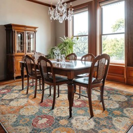 Boho Floral Area Rug, Soft Machine Washable 6x9 Rug, Non-Slip, Non-Shedding, Durable and Easy-Care, Perfect for Living Room, Bedroom, Dining Room. (Moroccan Orange/Blue, 9' x 6' (Rectangular))