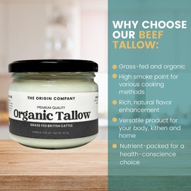 Origin Organic Grassfed Beef Tallow | Certified Premium Quality | Beef Fat Drippings | Food & Skin Grade | Multiple Uses | British Farms