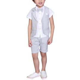 LOLANTA 4PCS Page Boy Suits Wedding, Kids Summer Short Suit Set, Ceremony Christening Partywear, Waistcoat Shorts Shirt with Bowtie, 8-9 Years, Grey, Tag 140