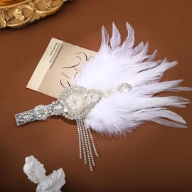 Formery Rhinestones Flapper Headband White Feathers 1920s Headpiece Gatsby Headbands Wedding Cocktail Party Costume Hair Accessories for Women