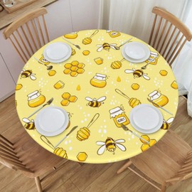 Famame Cute Bees and Honey Fitted Round Tablecloth Waterproof Table Cloth with Elastic Edge Wipe Clean Table Covers for Indoor Outdoor Fits 45"-50", Medium