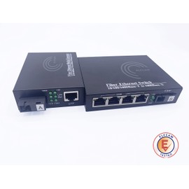 Elfcam - Set of 2 Fiber Ethernet Converters, SFP Media Converter (Mini-GBIC) Included, Up to 20KM Distance on Single Mode SC Fiber Optics (1 RJ45 Ports *4 RJ45 Ports)