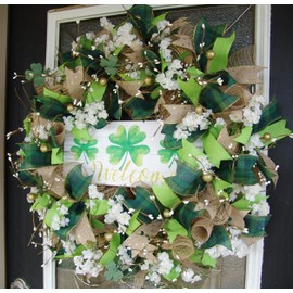 XL Stunning Welcome St. Patricks Day Pip Berry Deco Mesh Front Door Wreath, Outdoor Indoor Porch Patio Wall Decor, Spring Decoration, March Shamrock