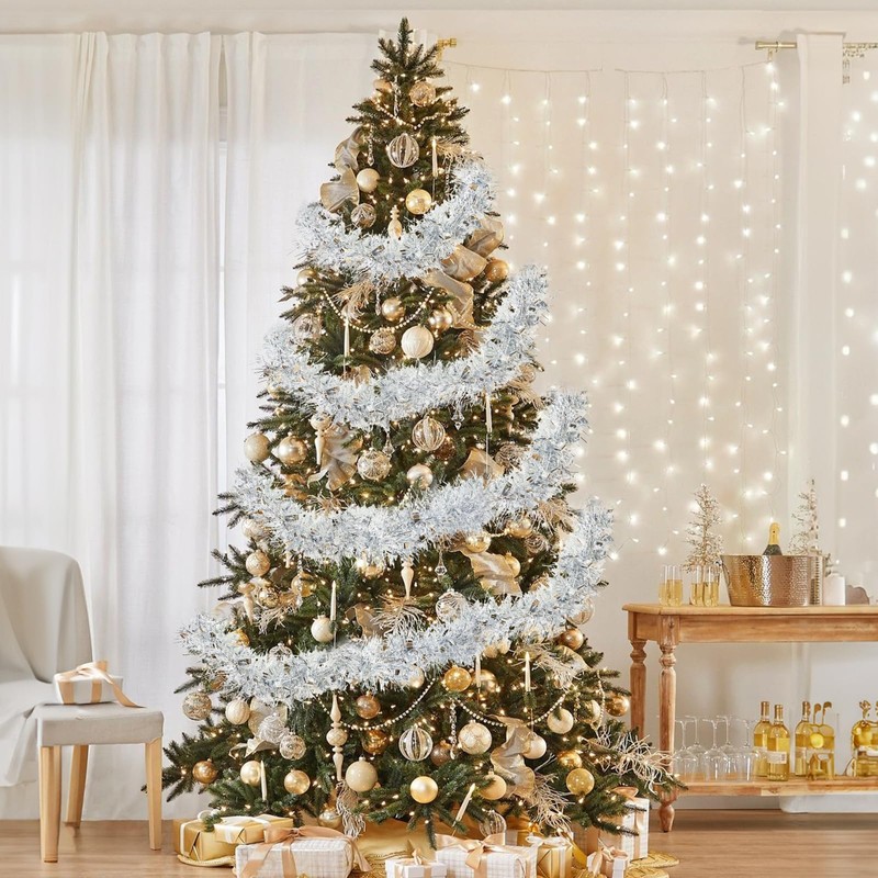 KINGLAKE Christmas Tinsel Garland, 10M x 9CM Silver Xmas Shiny