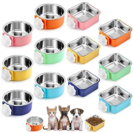 LemonRoad 12 Pcs Crate Dog Bowls Set Kennel Bowls for Puppy Removable Stainless Steel Kennel Pet Hanging Food Water Feeder Bowl Cage Coop Cup for Puppy Medium Dog Cat Rabbit Ferret Bird