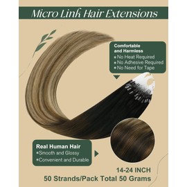 Ugeat Balayage Hair Extensions Micro Human Hair Dark Brown Mix Medium Brown with Golden Blonde Balayage Micro Loops Hair Extensions for Women 16 inch 50S 50G