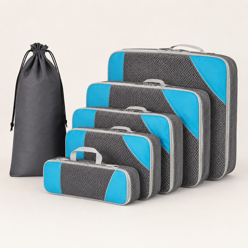 6-Piece Travel Compression Packing Cube Set with Mesh Panels and