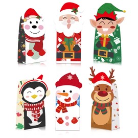 24 Pieces Christmas Gift Bags with 24 Christmas Stickers,Christmas Party Candy Goodie Bags,Xmas Cookies Goody Wrapping Bags, 6 Different Design for Party, Pastries, Cupcakes, Cookies, Brownies, Donuts