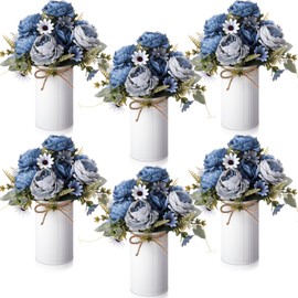 Domensi 6 Sets Wedding Centerpiece for Table Decoration Dusty Blue Artificial Fake Rose Flower with Metal Vase Faux Silk Rose Bouquet Floral Arrangement for Bridal Shower Home Dining