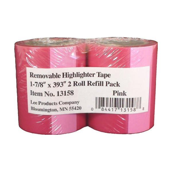 Lee Removable Highlighter Tape, Pink, 1-7/8" Wide x 393" Long, 2-Roll Refill Pack (13158)