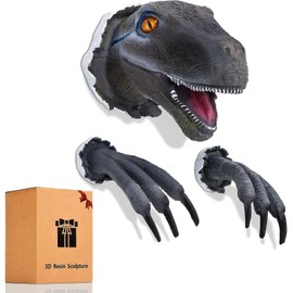 Mini 3D Dinosaur Wall Sculpture Set - Lifelike 3D Wall Sculpture for Kids' Bedrooms & Home Decor - Realistic Dino Head, Claws,and Eyes - Ideal Gift for Dino Enthusiasts with Gift Box Packaging(Gray)