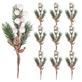 10 Pcs Christmas Berries Pine Cones for DIY Crafts, Artificial Berry Stems Pine Branches Evergreen Floral Picks, Christmas Tree Décor Xmas Garland Wreath Gift Wrap Decorations
