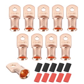 MECCANIXITY 10pcs 1/0 M6 AWG Battery Lugs Ring Terminals, 1/4" 6mm Stud Crimp Wire Terminal Connector End Copper, 3:1 Heat Shrink Tubing, Gold