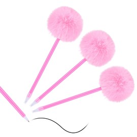 Hpmjz Needle Gel Ink Pens 3 PCS Pink Pom Pom Pen Fluffy Pompoms Plastic Rollerball Pen Cartoon Signature Ball Point Pens for Kids Children Students Women Party Supplies Valentines Wedding Gift Favors