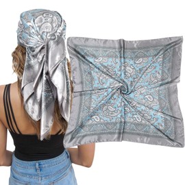 AWAYTR 35” Large Square Satin Head Scarf - Silk Hair Scarf Square Hair Bandanas Large Scarf Sleeping Head Wraps Neck Scarf for Women Hair Wrap (Cashew(Grey))