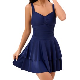 Halcurt Womens One Piece Swimsuit Ruched Tummy Control Swimdress Ruffle Bathing Suit Skirt with Hipster Navy L