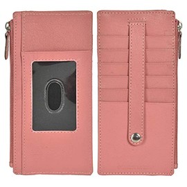 Leatherboss Genuine Leather All in One Card Case Holder Slim Wallet With a Card Protection Strap, Peach