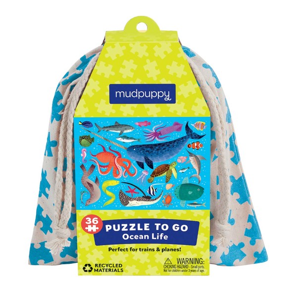 Mudpuppy Ocean Life Puzzle to Go, 36 Pieces, 12 x 9” – Great for Kids Age 3+ – Packaged in Travel-Friendly Drawstring Fabric Pouch – Perfect for Airplanes, Cars, Trains, 073536334X, Multicolor