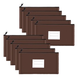 10-Pack Bank Deposit Money Bags with Zipper, PU Leather Cash Pouches with Label, 11 x 6 Inches, for Coins, Cosmetics, Bills, Tools, Brown