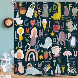 Riyidecor Kids Alphabet Shower Curtain for Bathroom Decor 72Wx72H ABC Educational Learning Baby Tool Cartoon Animals Colorful Girls Boys Art Printed Fabric Polyester Waterproof 12 Pack Plastic Hooks