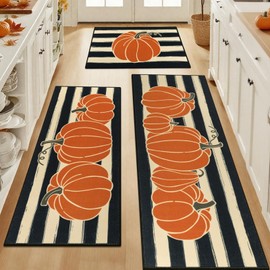 SHACOS Fall Orange Pumpkins Black Beige Stripes Kitchen Rug Sets of 3 Piece Non Slip Mats for Floor Washable Kitchen Rugs and Mats Farmhouse Floor Carpet for Hallway Entryway