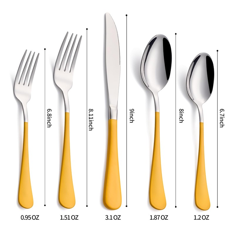 DINYWOW 20-Pieces yellow Silverware Sets for 4,Blue Handle Stainless Steel