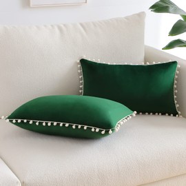 Sungeek Pack of 2 Decorative Cushion Covers Soft Velvet Pompoms Pillow Covers with Invisible Zipper Home Decor Throw Pillow Cases for Sofa Bedroom Living Room 30x50cm Dark Green