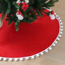 Slsxip - Falda de árbol de Navidad no tejida, falda de árbol de Navidad de 48 pulgadas con pompones rojos, decoración interior de día festivo de temporada (rojo, 48 pulgadas)