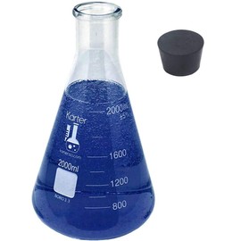 2000ml Narrow Mouth Erlenmeyer Flask with Rubber Stopper, 3.3 Borosilicate Glass, Karter Scientific (Single)