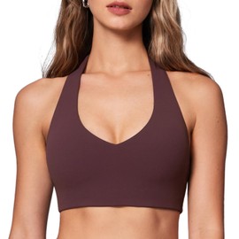 INGIA Womens Halter Longline Sports Bra Padded Low Back Yoga Bar Workout Crop Top with Built in Bra Plumbrown Small
