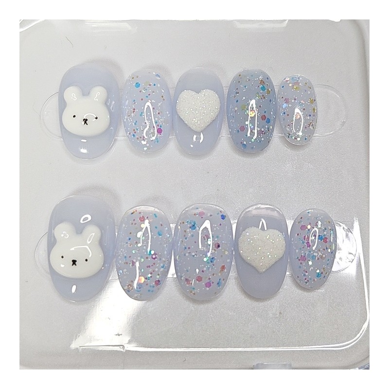 Heart Bear Handmade Nail Tips - Short Oval / 하트