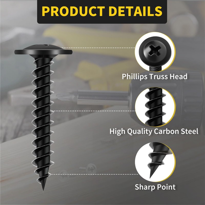 220 PCS #8 Truss Head Black Wood Screws Assortment Kit,FIXLINK