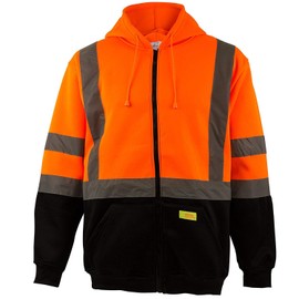 (Set of 3) TS H6611 Men's ANSI Class 3 High Visibility Sweatshirt, Full Zip Hooded, Black Bottom, Fleece (Orange, Medium)