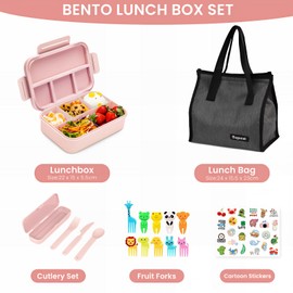 Bugucat Bento Lunch Box 1300ML with Lunch Bag, Kids & Adult Lunch Box with Cutlery, Snack Boxes with Sauce Box & 10 x Fruit Fork, Bento Box with Compartments for School Kindergarten Office, BPA-Free