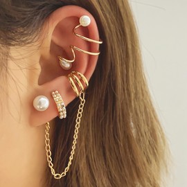 Pearl Earrings for Women Pearl Cuff Earrings Ear Cuff Non Piercing Chain Earrings Gold Pearl Stud Earrings Trendy Jewelry Gifts for Girls 2024