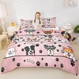Manfei Cartoon Puppy Pet Animals King Size Comforter/Duvet Set,Cute Dog Ultra Soft Bed Collection,Black Paw Bone Print Pink Bedding for Room Decor 3 Pcs,Microfiber Breathable