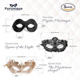 Masquerade Masks for Couples – 3 Pack Gold & Black Venetian Style Lace Mask for Women and Men, Elegant Party Costume Masks for Mardi Gras, Halloween, Prom, Ball or Masquerade Party