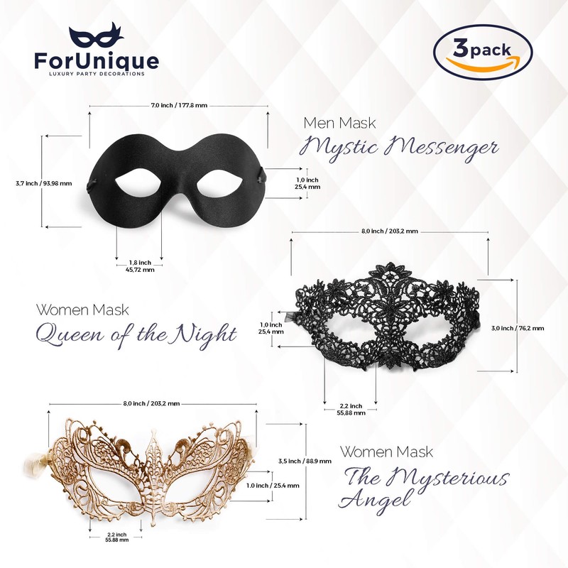 Masquerade Masks for Couples – 3 Pack Gold & Black