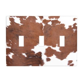 Moslion Brown Cowhide 3-Gang Light Switch Cover Cow Print Leopard Farm Animal Triple Toggle Wall Plate Outlet For Kitchen Bathroom Bedroom Home