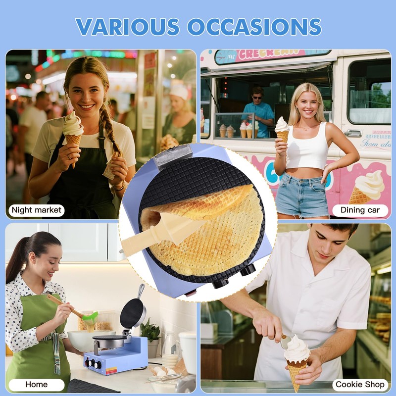 Popfoodex Commercial Waffle Cone Maker - 1200W Commercial Ice Cream